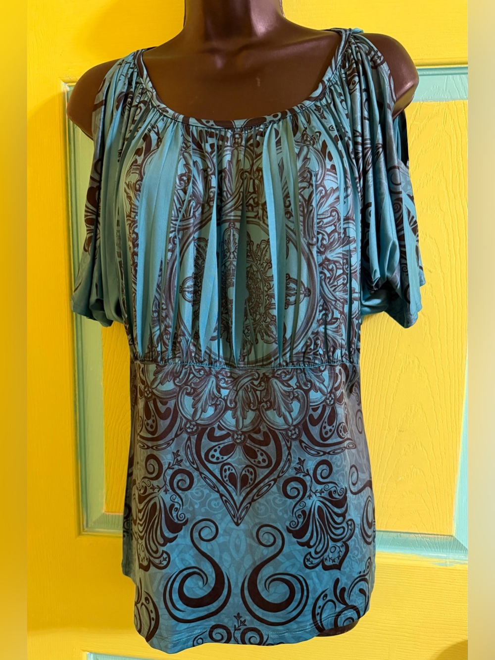 Cold-Shoulder Teal Printed Tunic Top